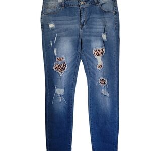 Women's Blue Distressed Jeans with Leopard Print Patches